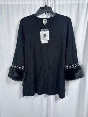Anne Klein Black V-Neck Sweater with Faux Fur and Rhinestone Cuffs, Size Small